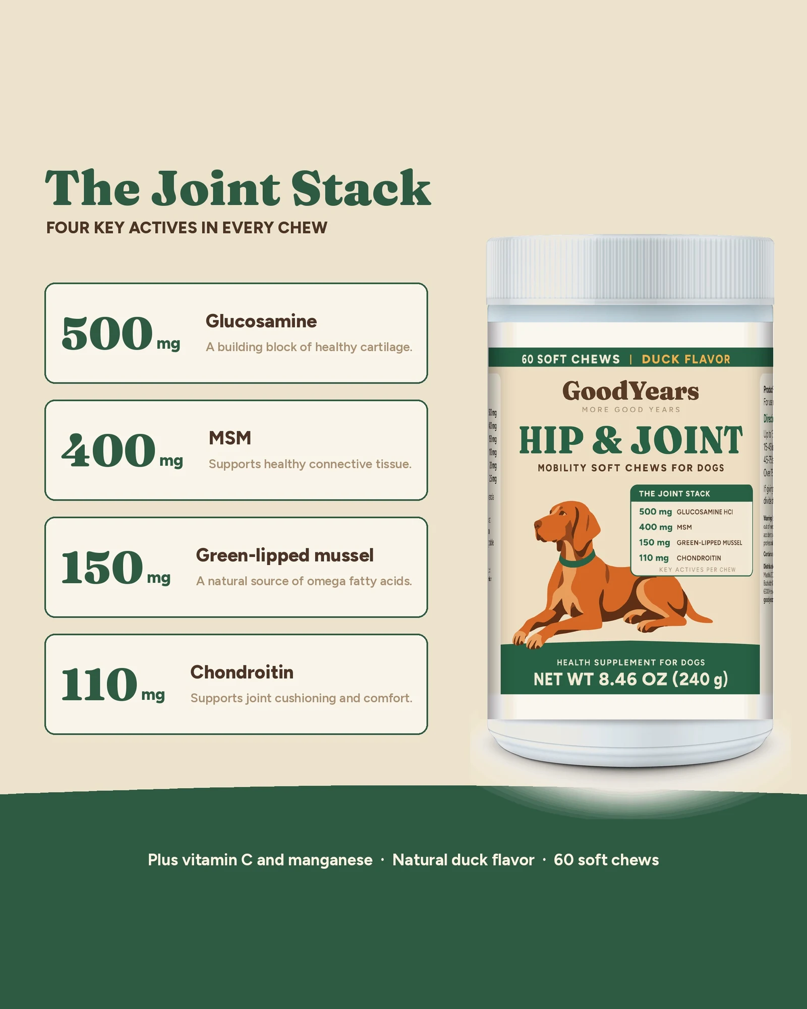 The Joint Stack: 500mg glucosamine, 400mg MSM, 150mg green-lipped mussel, 110mg chondroitin per chew